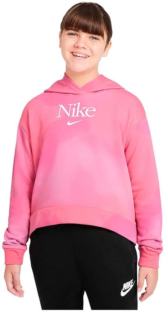 Nike Girl's NSW Print Pullover Hoodie (Little Kids/Big Kids) Archaeo Pink/White MD (10-12 Big Kid)