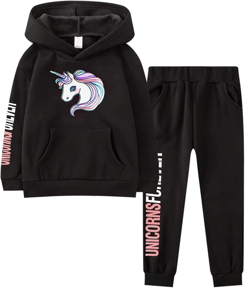 Girls Long Sleeve Hooddie Sweatshirt and Jogger Pants Winter Outfits Unicorn 6-11 Years