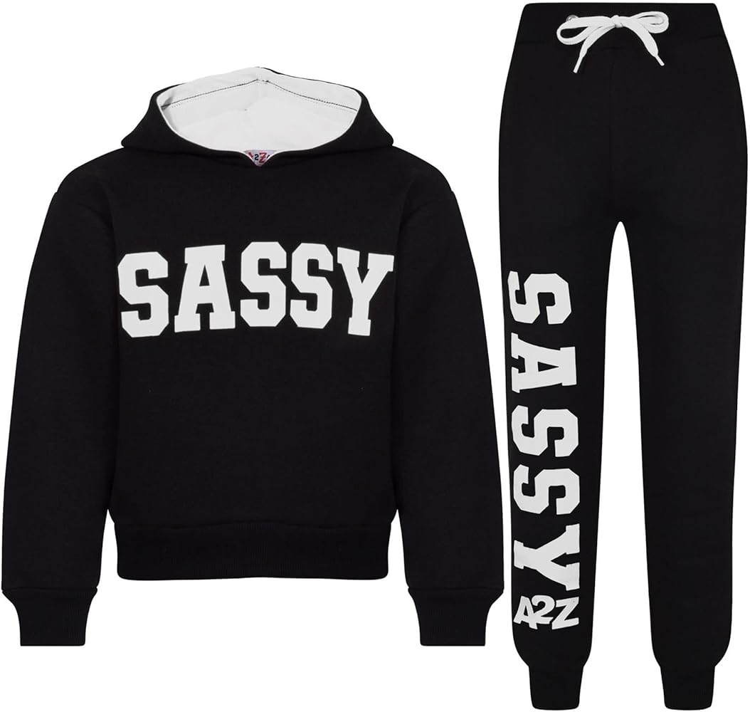 Girls Tracksuit Sassy Print Fleece Black & White Hooded Crop Top Bottom Jogging Suit Joggers Age 5-13 Years