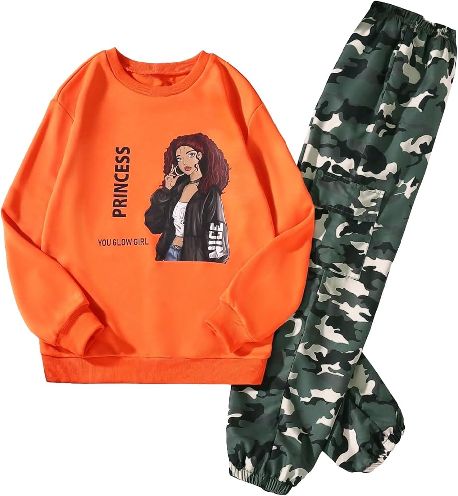 Floerns Girl's 2 Piece Outfit Long Sleeve Sweatshirt Camo Print Jogger Pants Set