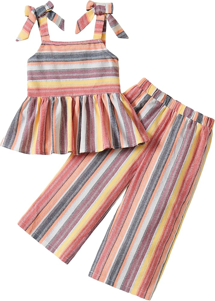 Girl's 2 Piece Striped Print Bow Shoulder Square Neck Sleeveless Ruffle Hem Cami Top and Pants Sets