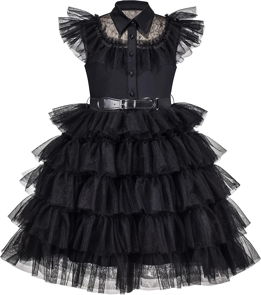 Sunny Fashion Girls Dress Black Lace Cake Multilayered Leather Belt Tutu Tulle