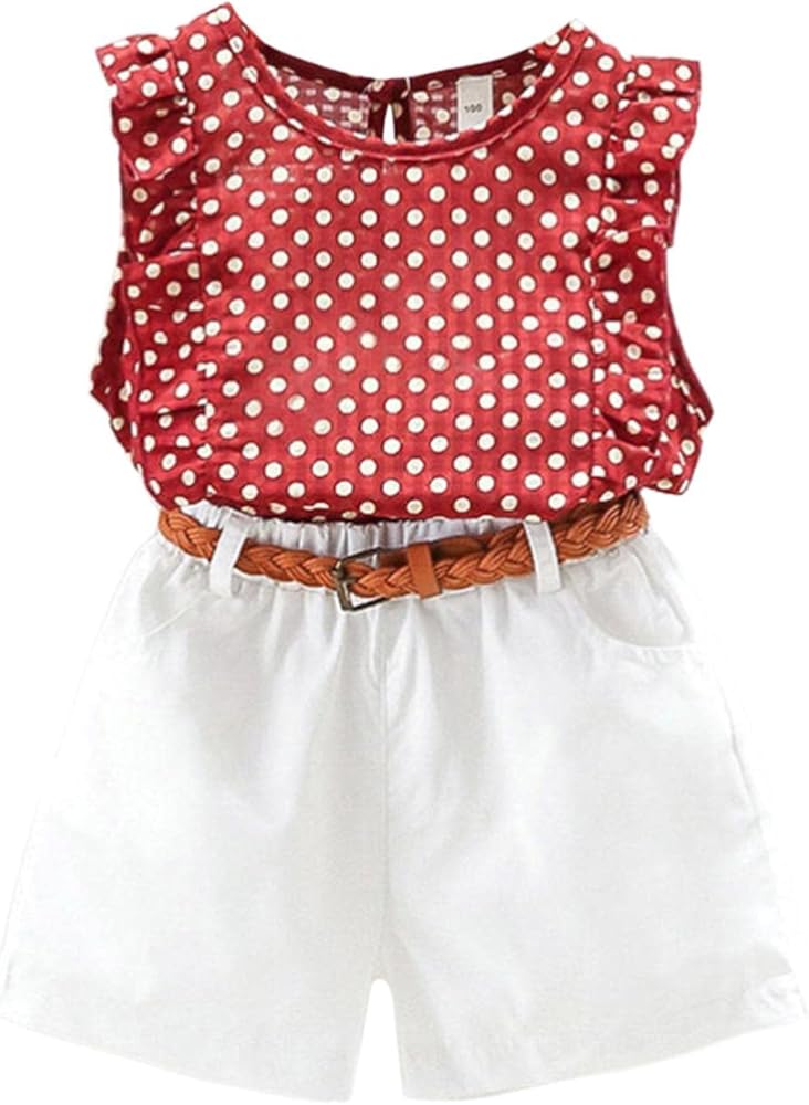 Toddler Girls Summer Clothes Polka Dot Printing T Shirt Ruffle Flying Sleeves Tops Chiffon Shorts Set 2Pcs Outfits