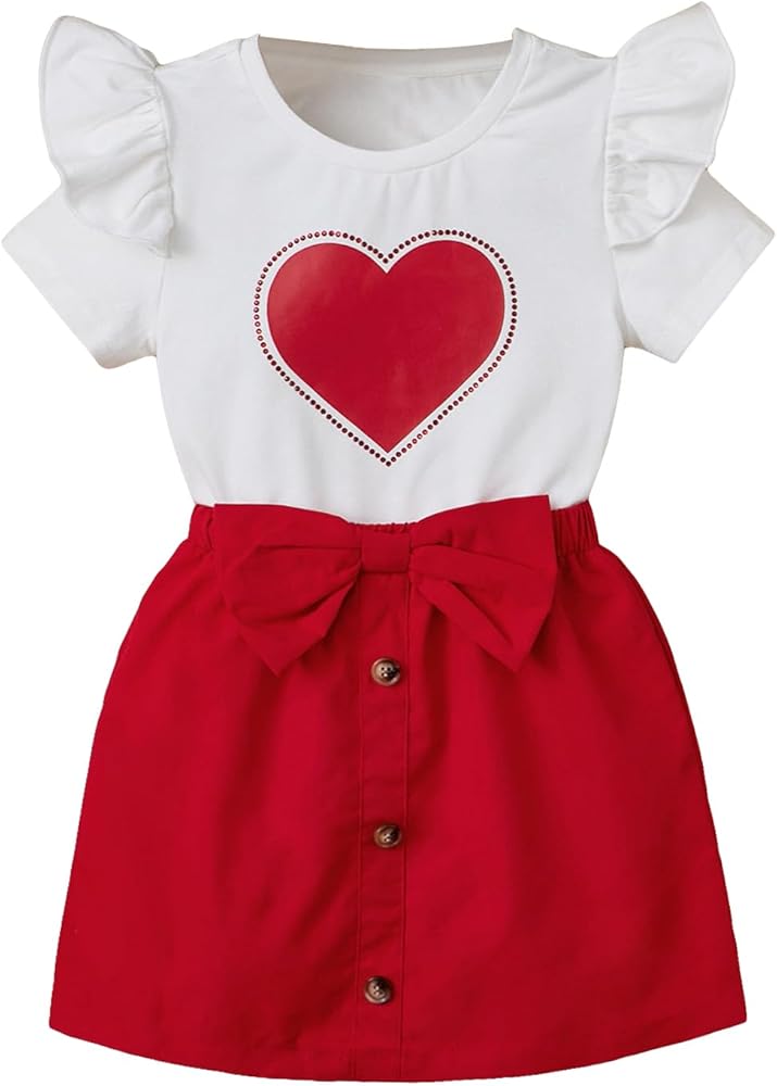 OYOANGLE Girl's 2 Pieces Outfits Heart Print Short Sleeve Round Neck Ruffle Trim Tee and Bow Skirt Sets