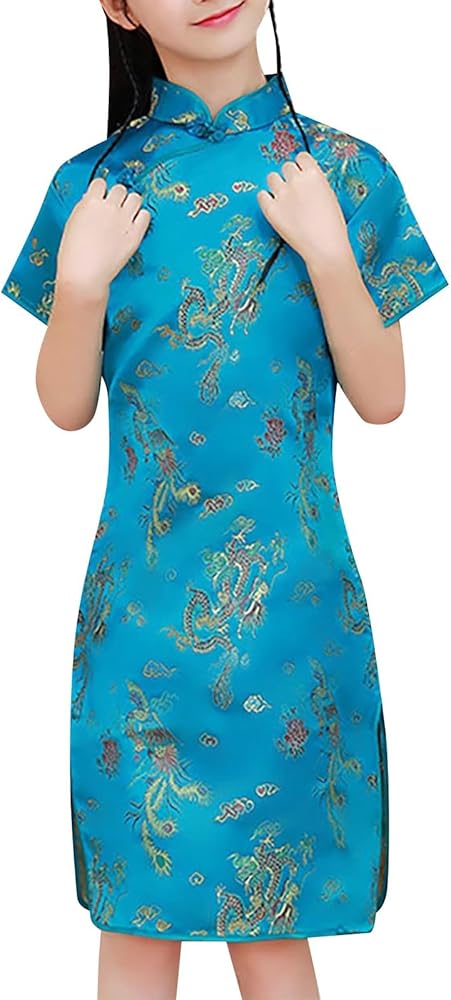 Dresses for Teens Big Kids Short Sleeve Stand Up Collar Plated Buckle Chinese Cheongsam New Year's Girls Dress