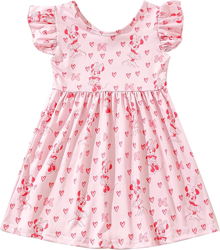 Toddler Girls Valentine's Day Twirl Pink Red Dress Love and Heart Flutter Sleeve Dresses