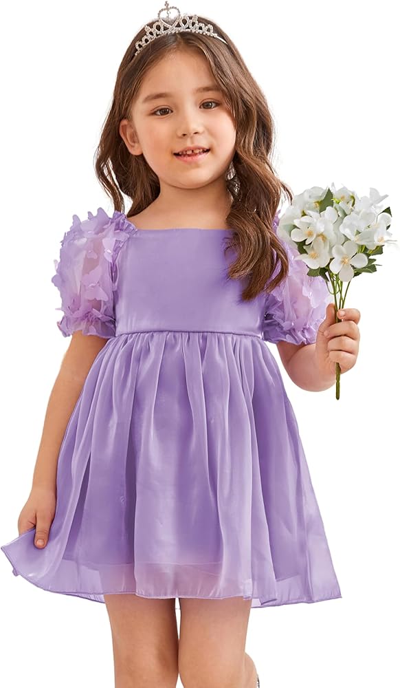 WDIRARA Girl's Cute Appliques Short Puff Sleeve Square Neck Dress Ruffle Trim Knee Length Dress