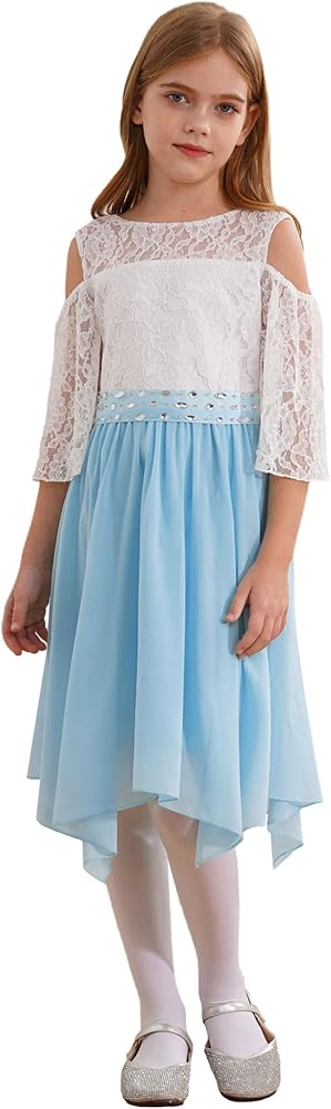 YiZYiF Kids Girl's Cold Shoulder V Back Lace Flower Girl Dress Asymmetrical Chiffon A Line Summer Sundress