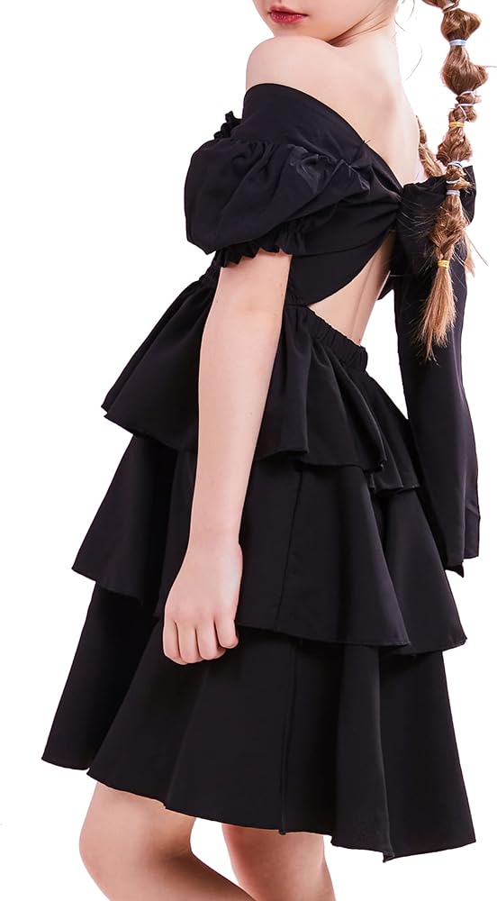 J.E Sterguard Girls Tie Back Off Shoulder Long Sleeve Black Dresses for Party or Holiday Girls Dresses Size 4-14