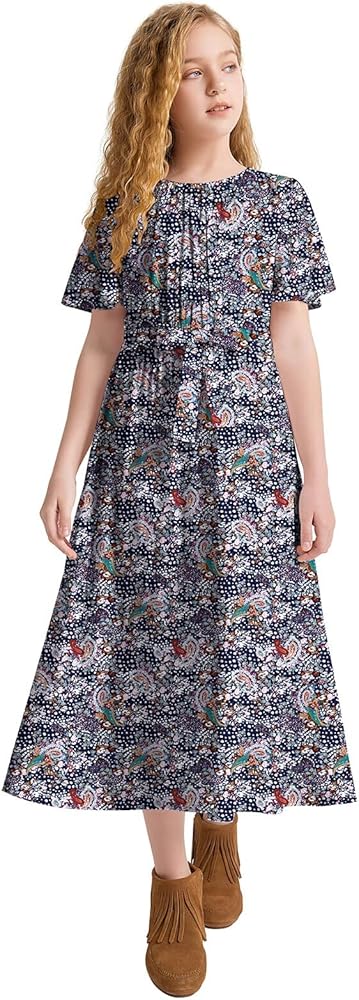 LaBeca Girls Casual Floral Printed Elastic Crew Neck A-line Swing High Waist Butterfly Sleeve Midi Belted Dress with Pocket