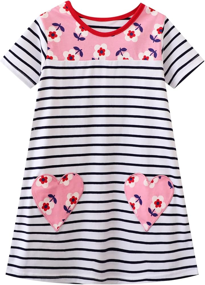 HILEELANG Toddler Girls Dress Short Sleeve Cotton Casual Easter Pink Flower White Stripe Pocket Appliques Jersey Dresses 2T