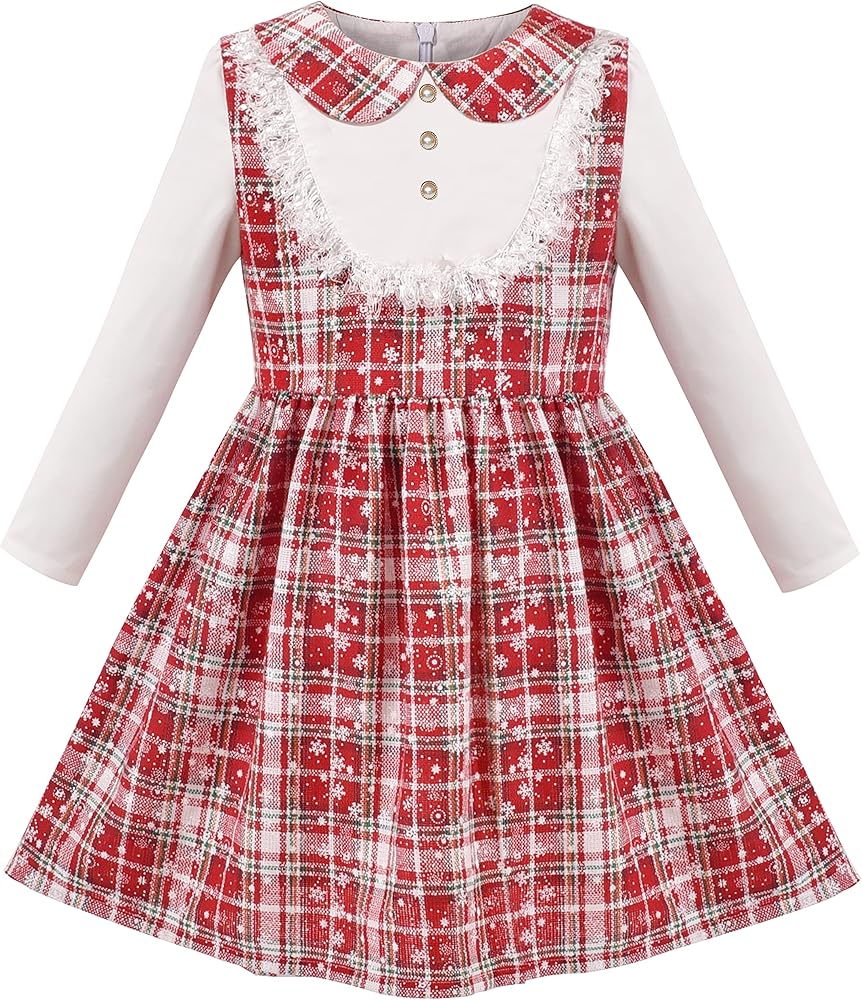 Sunny Fashion Girls Dress Christmas Tartan Twist Long Sleeve Snow Flakes Collar Holiday 12