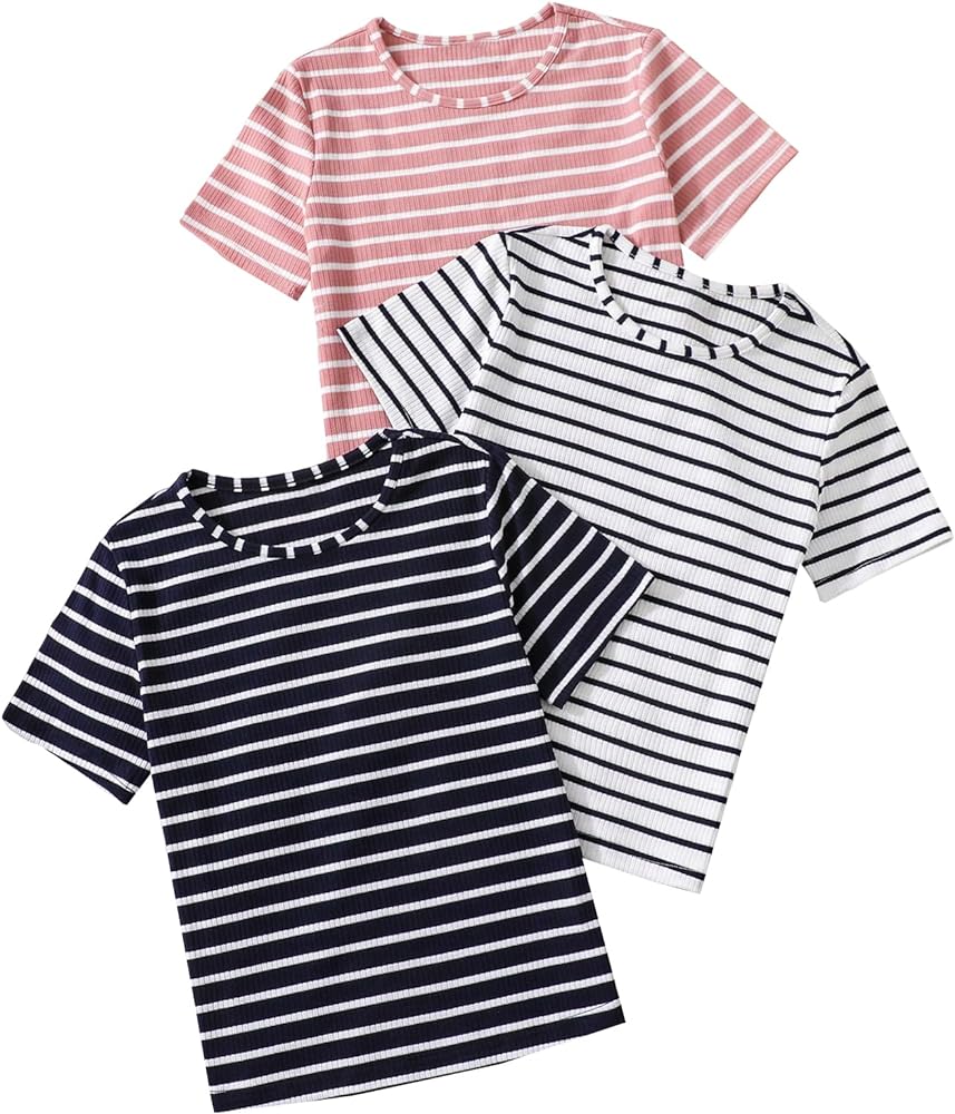 Girl's 3 Piece Striped Pattern Round Neck Tee Short Sleeve Regular Fit Pullover Tops T Shirt