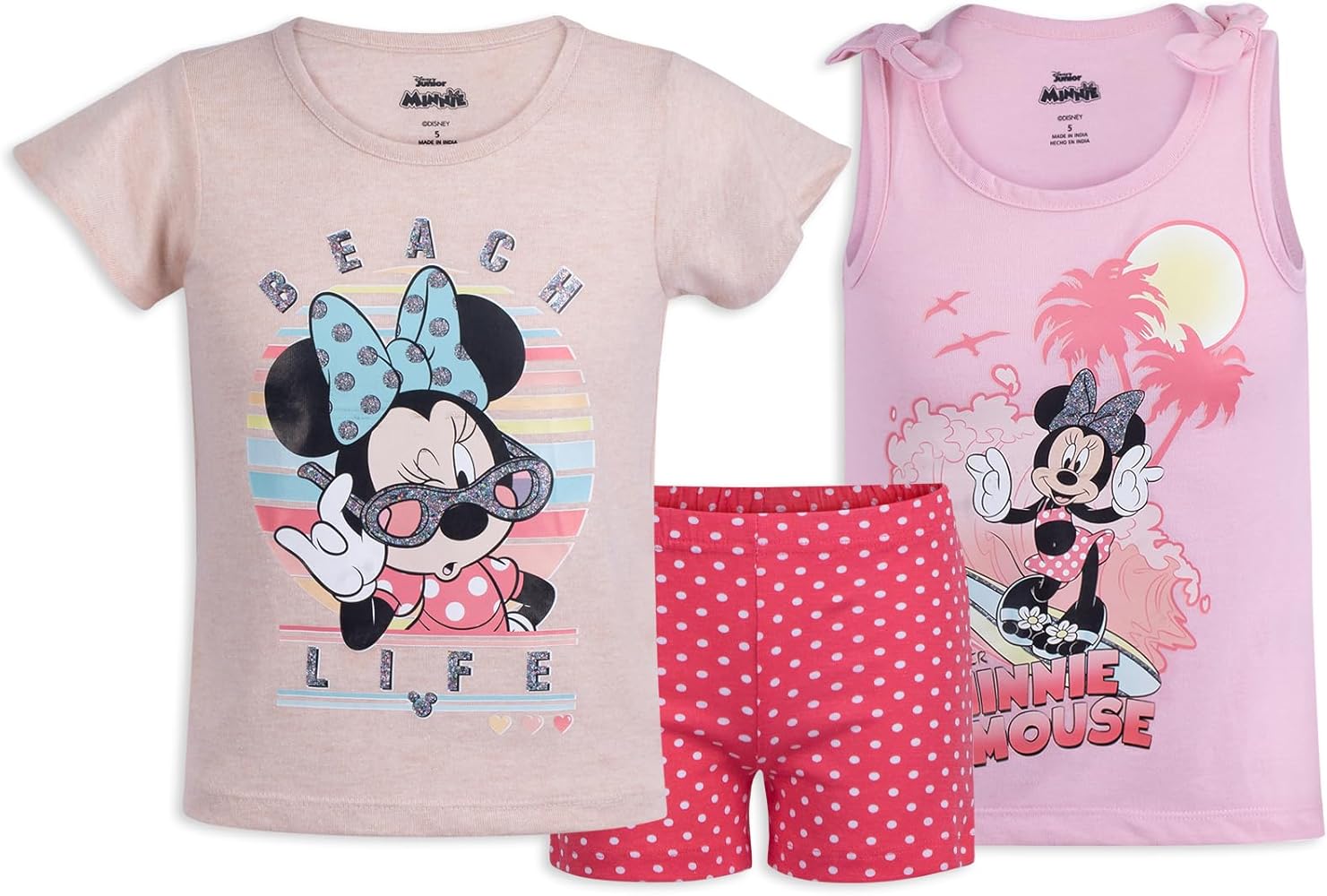 Disney Minnie Mouse Girls’ Short Sleeve Shirt, Tank Top, and Shorts Set for Toddler and Little Kids