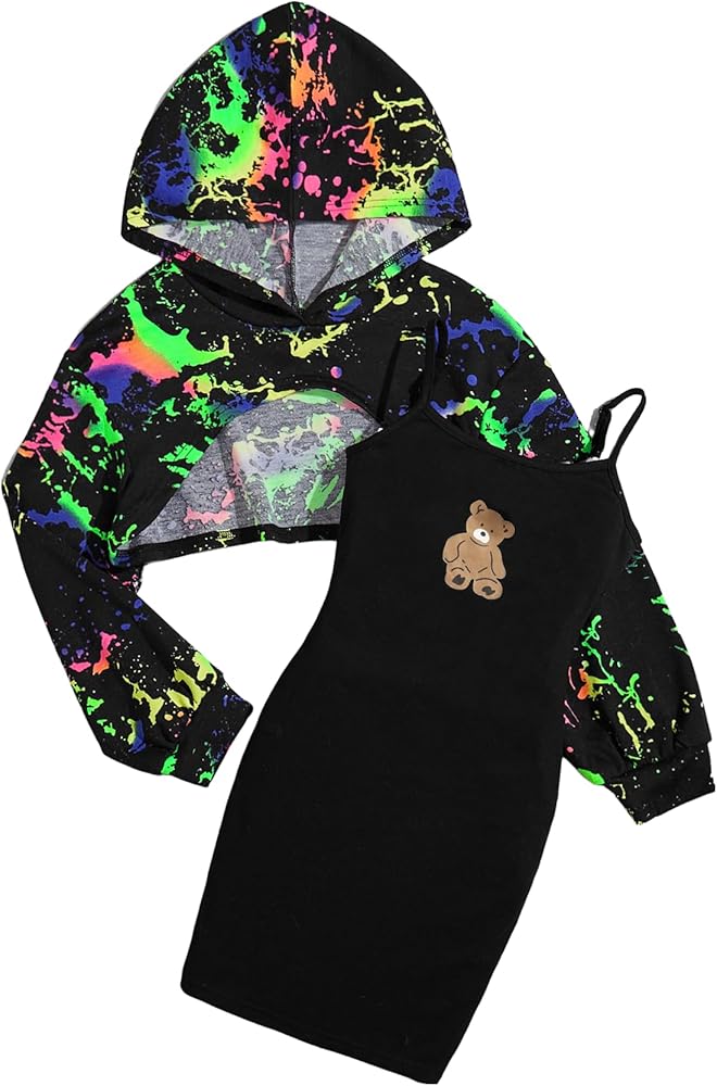 COZYEASE Girls' Reflective Splash Ink Long Sleeve Crop Hoodie & Cami Dress 2 Piece Outfit