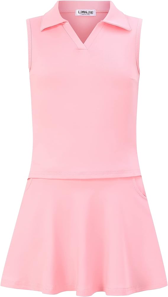 Kids Girls Tennis Golf Dress Outfit Sleeveless Dress with Pockets Athletic Skorts and Polo Tank Top Sets