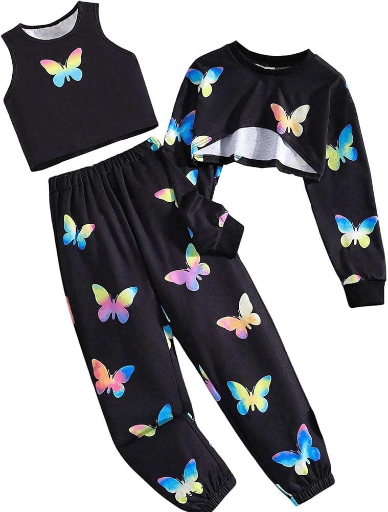 Floerns Girl's 3 Piece Outfit Butterfly Print Tank Top Sweatpants Set with Cropped Sweatshirt