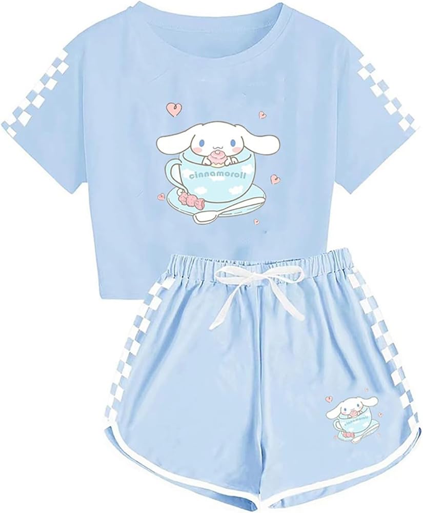 Cinnamoroll Crop Top T Shirt and Shorts Set Women Girls 2 Piece Short Sleeve Outfits Summer Active Tracksuits