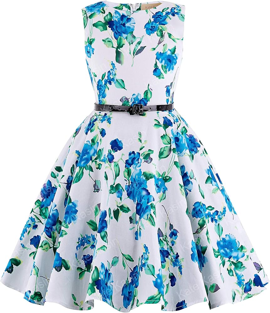 Kate Kasin Girls Sleeveless Vintage Print Swing Party Dresses 6-15 Years