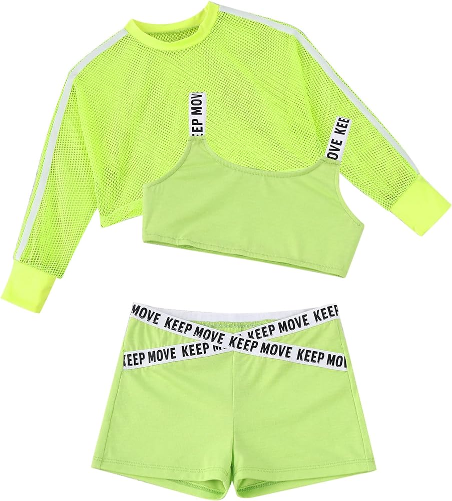 Kids Girls Cool Hip Hop Dance Outfits 3pcs Workout Short Net Blouse with Tank Top and Boyshorts Set