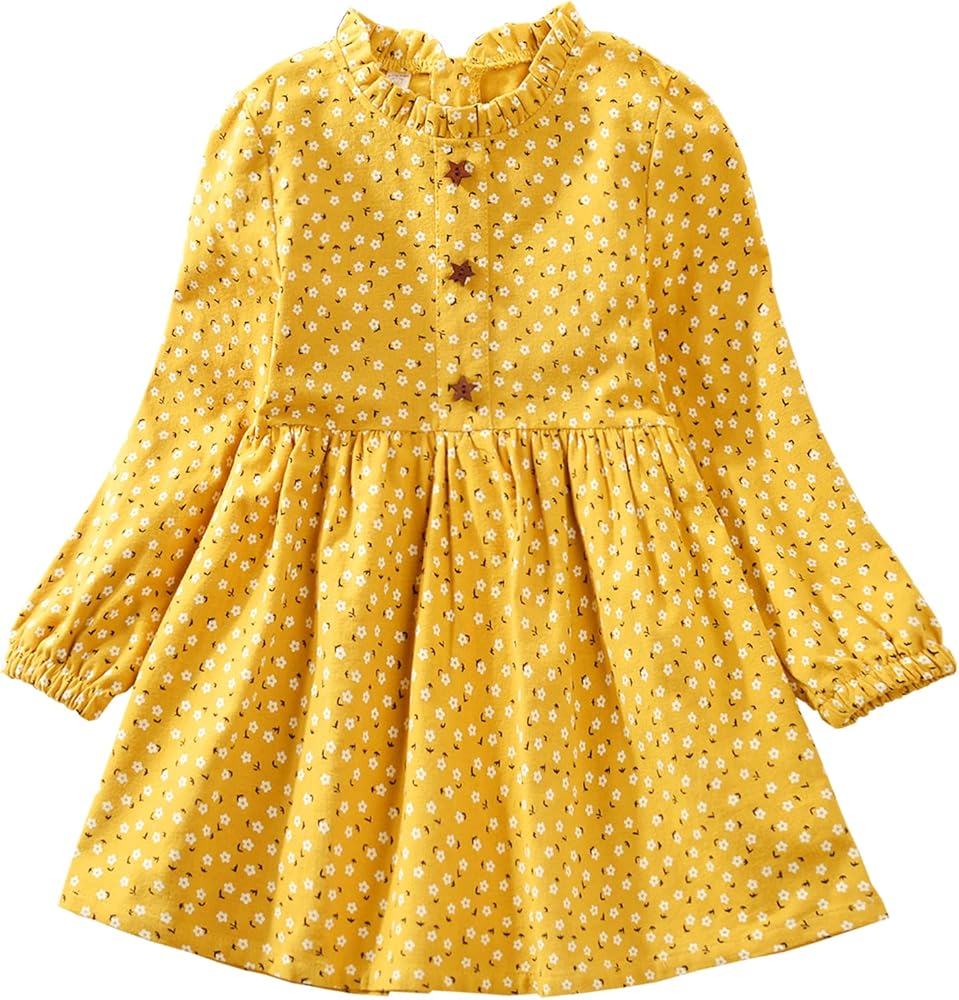 VINUOKER Toddler Girls Cotton Dress Floral Dress for Little Girls midi Dress 2-7years Fall Winter Dress