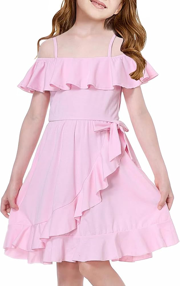 Mebius Girls Off Shoulder Dresses Flowy with Pockets Summer Ruffle Wrap Dress Casual Party Graduatoin Kids Dress