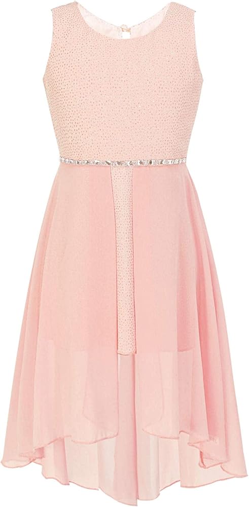 YiZYiF Big Girls Sparkle Waist Princess Prom Wedding Gown Formal Dance Party High Low Chiffon Dresses Rhinestone Pink 12