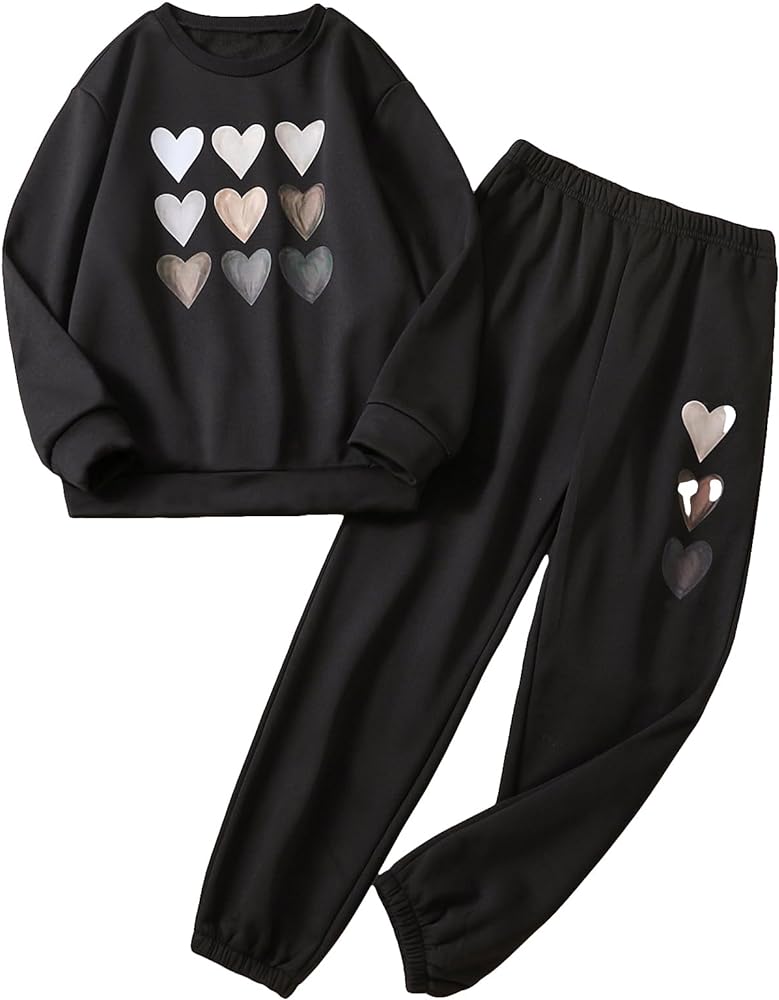 SOLY HUX Girl's Graphic Print Long Sleeve Sweatshirt Top and Pants Set 2 Piece Outfits Black Heart 10Y