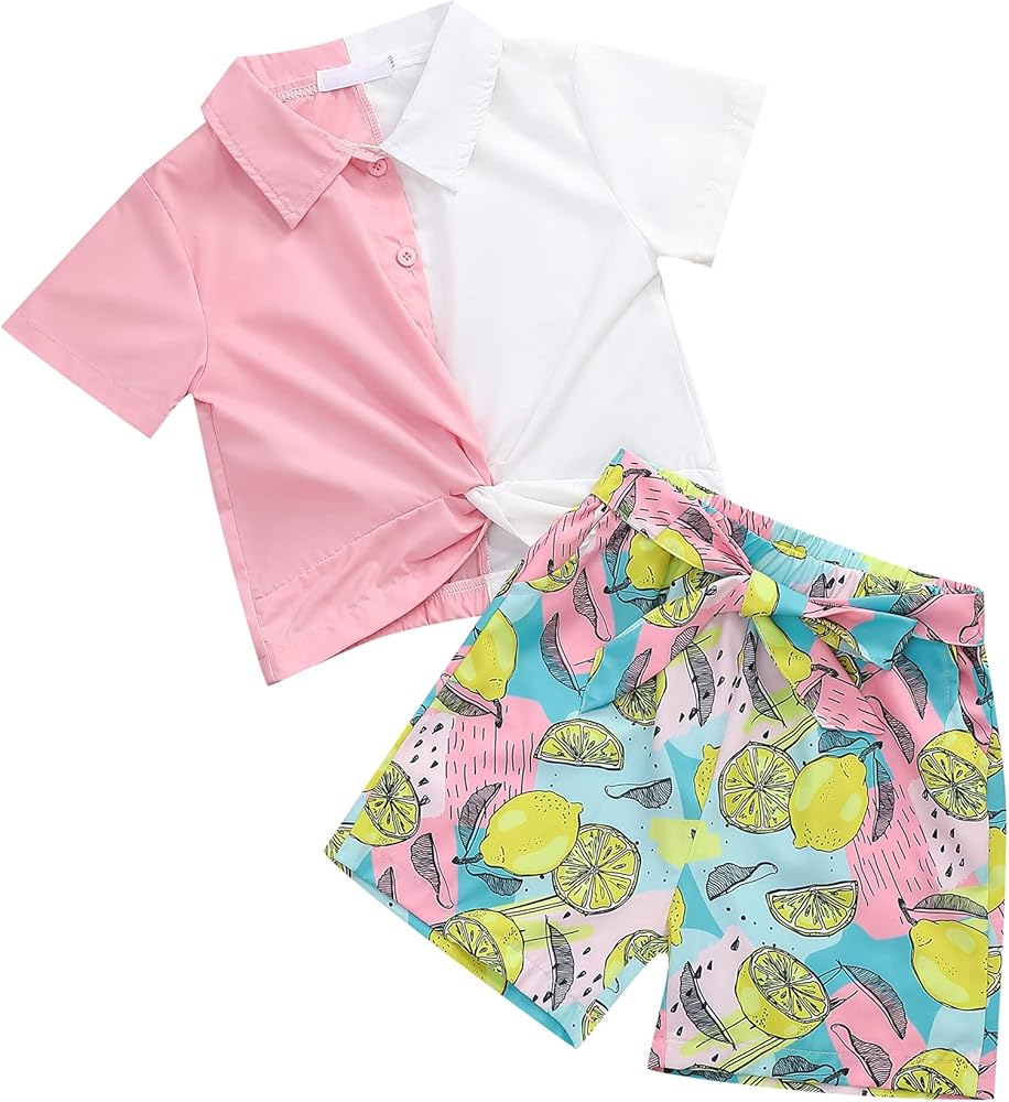 Girl's Short Sets Button Down Shirts Twist Wrap Tops Printed Shorts Summer 2 Piece Outfits 3-12Y