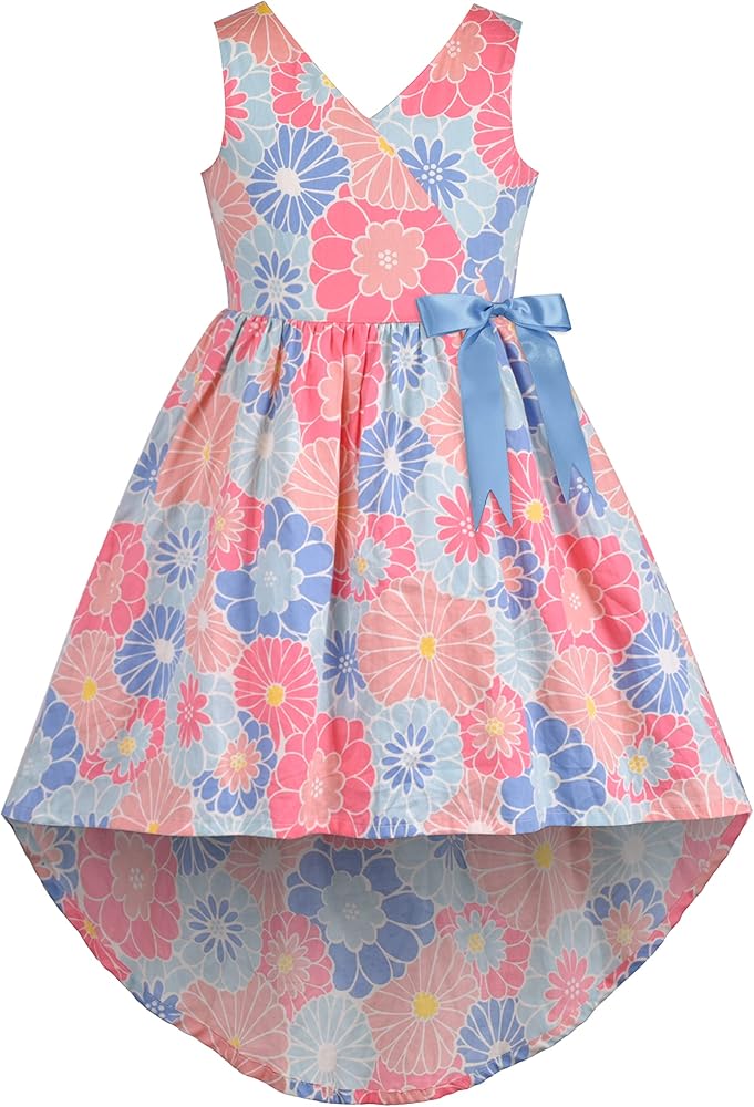 Sunny Fashion Girls Dress Hi-lo Skirt V Neck A Line Floral Ribbon Sleeveless