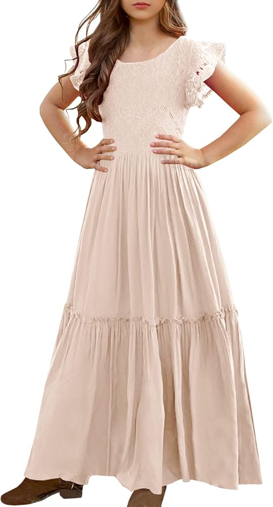 MITILLY Girls Lace Flower Ruffle Sleeve A-Line Swing Wedding Party Maxi Dress with Pockets