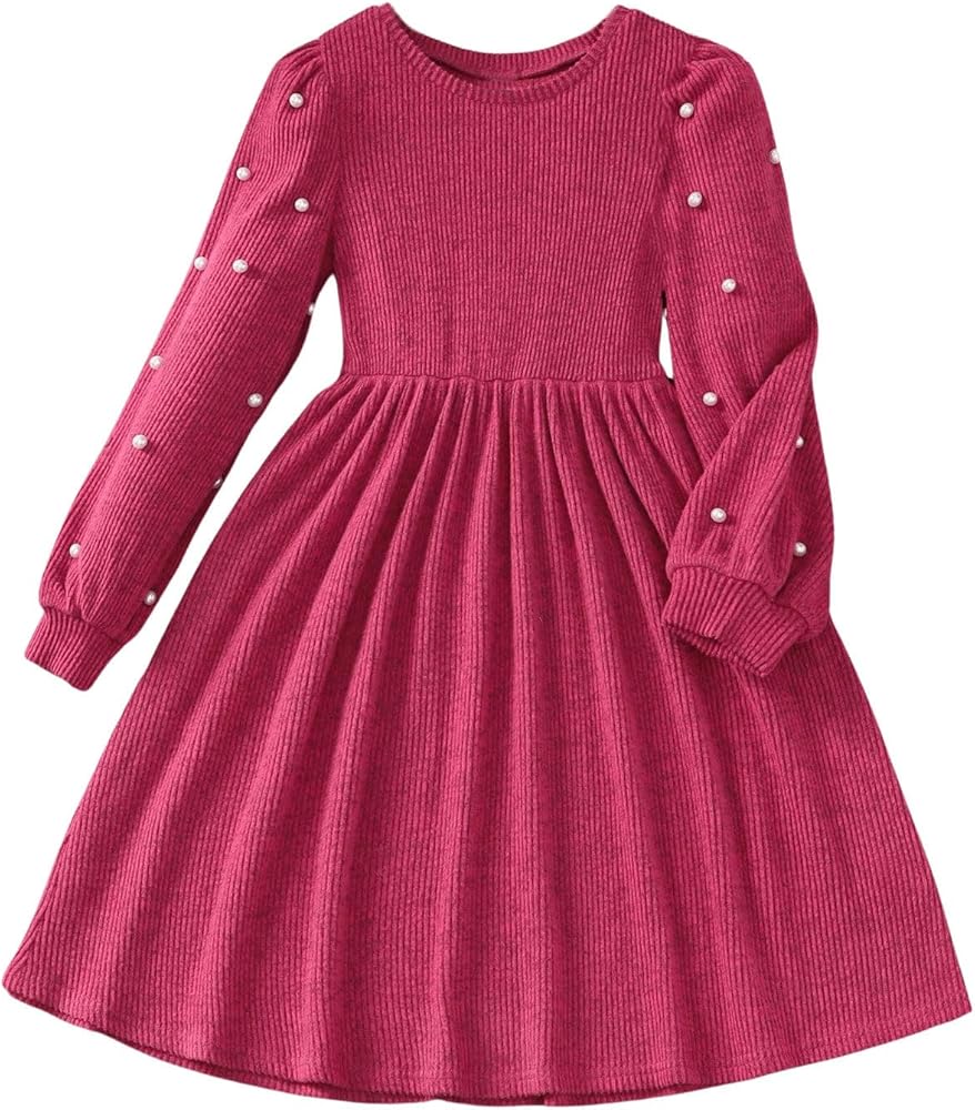 Floerns Girl's Pearls Beaded Lantern Long Sleeve Crewneck A Line Short Dress