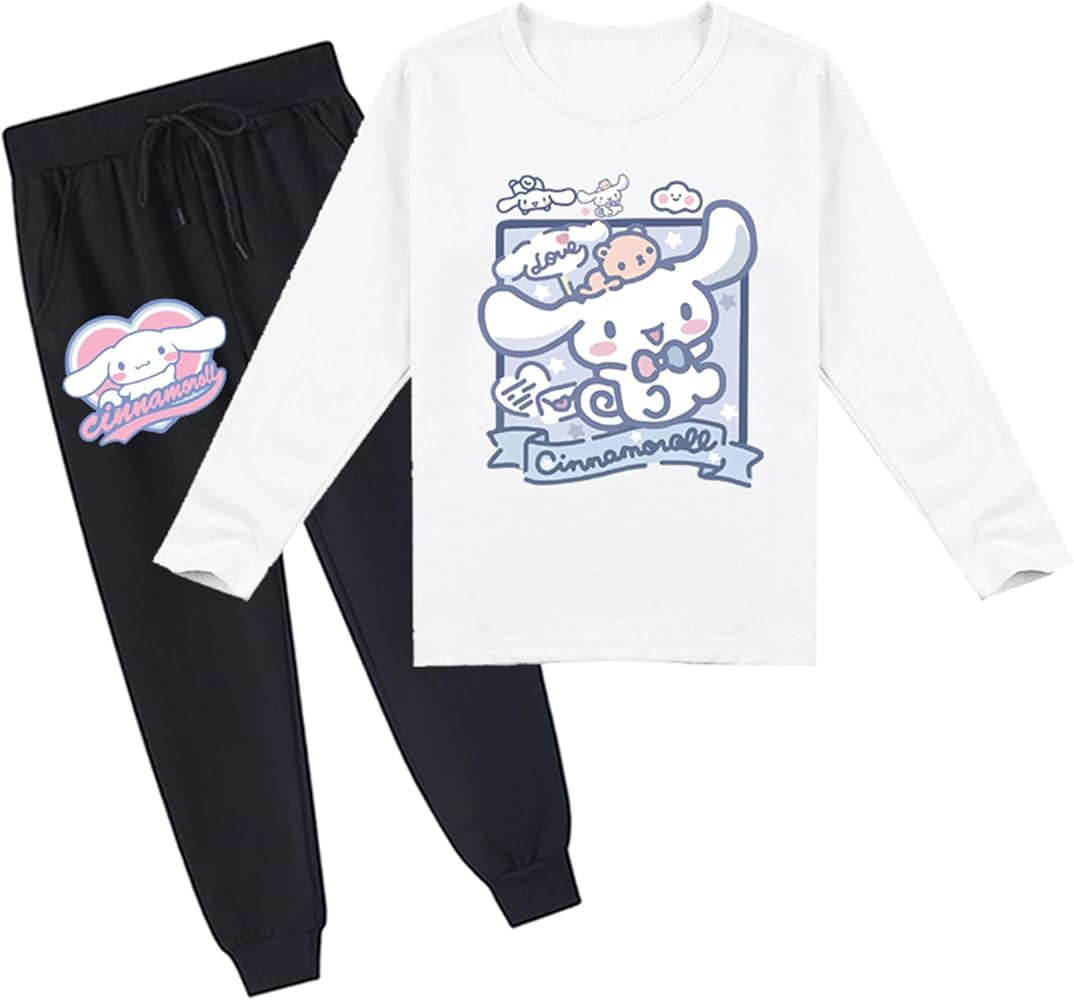 Kids Cinnamoroll T-Shirts with Sweatpants,Crewneck Long Sleeve Tees Classic Sweatshirts Suit for Girls