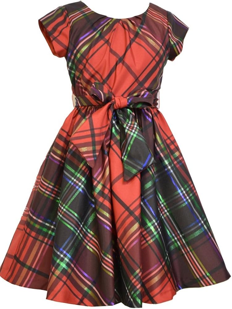 Bonnie Jean Tween Big Girls Taffeta Metallic Plaid Swing Holiday Dress, Red