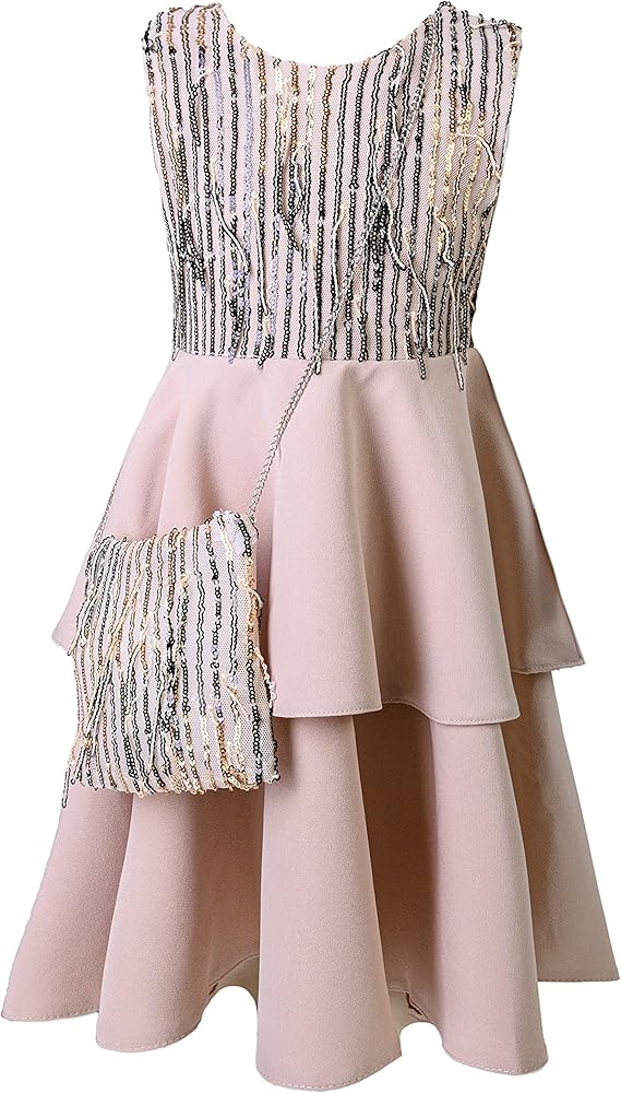 Girl's Party Dress with Sparkles and a Purse (Medium, Beige, 3_Years)