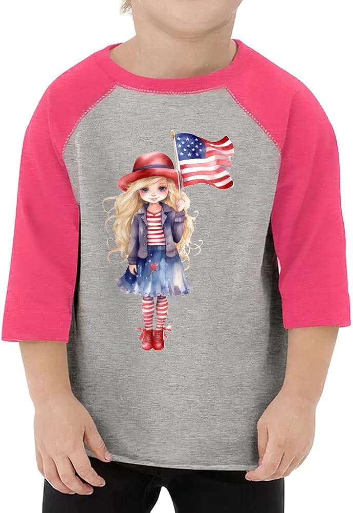 Cute American Flag Toddler Baseball T-Shirt - Cute Art 3/4 Sleeve T-Shirt - Printed Kids' Baseball Tee