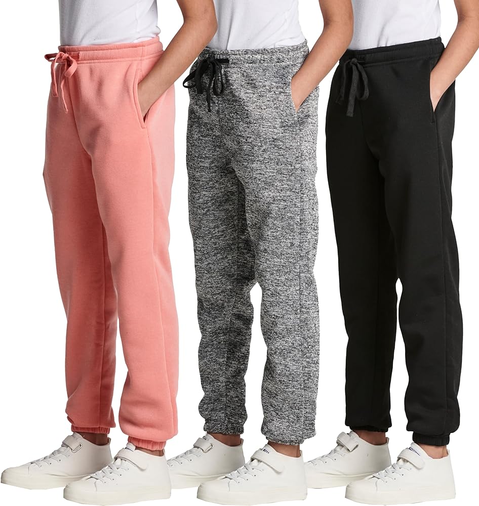 Real Essentials 3 Pack: Girls' Sweatpants - Active Fleece Jogger Pants (Size: 7-16)