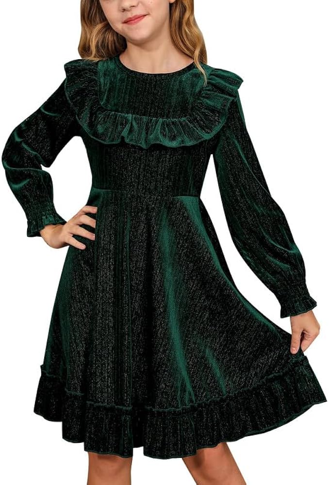 BesserBay Girls Long Puff Sleeve Velvet Swing Outfit Glitter Twirly Midi Dress Size 5-14 Years