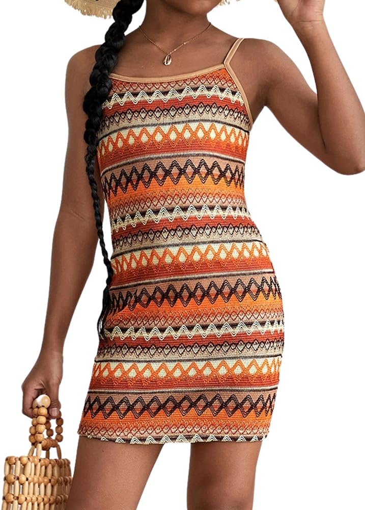 Verdusa Girl's Stripe Print Boho Spaghetti Strap Bodycon Mini Cami Dress