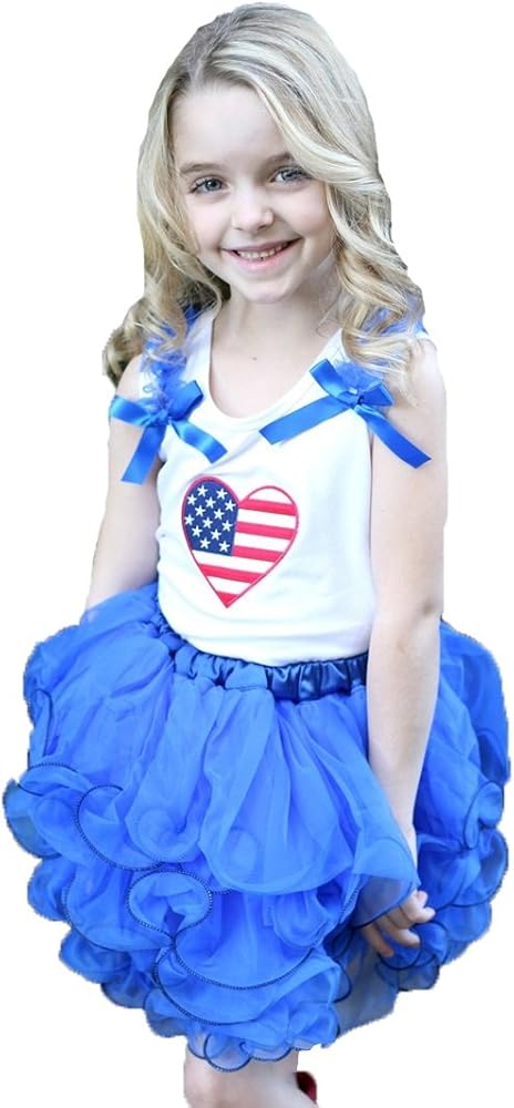 4th July America Flag Heart White Top Royal Blue Petal Skirt Girl Cloth Nb-8y