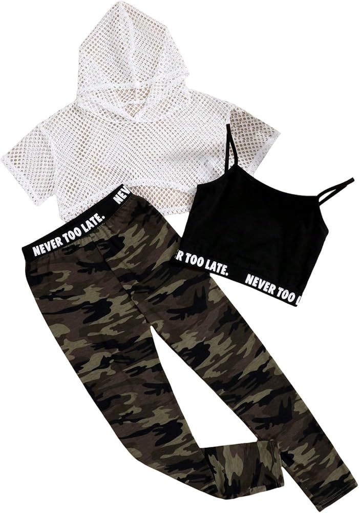 OYOANGLE Girl's 3 Piece Outfits Letter Print Cami Top and Fishnet Crop Hoodie with Legging Pants Set