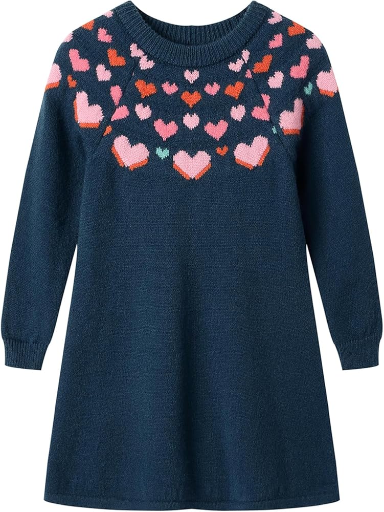 LittleSpring Girls Sweater Dress Long Sleeve Crewneck Heart Print Knit Dresses Soft