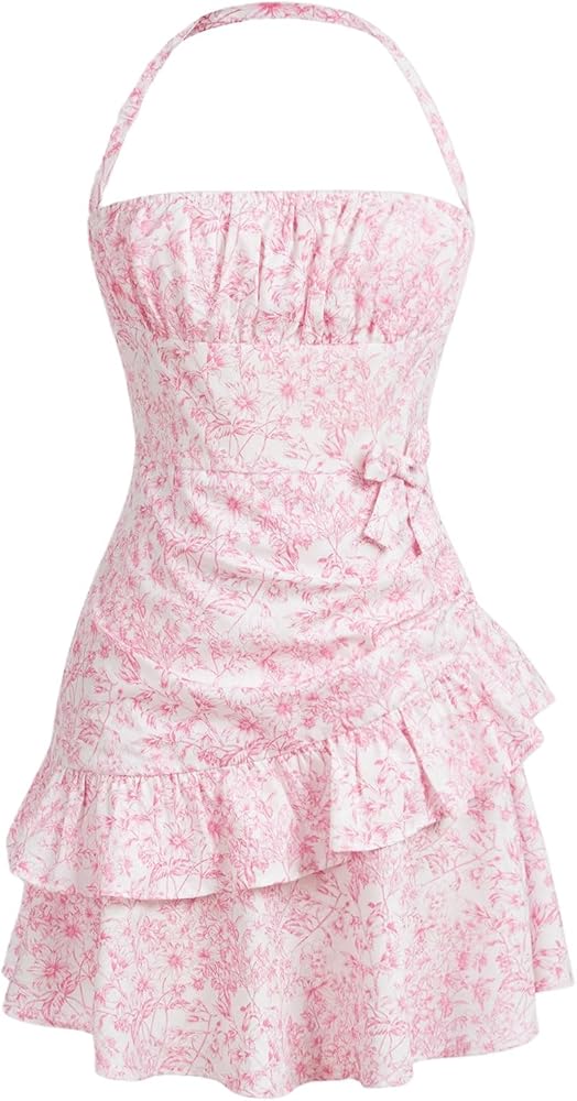 Girl's Floral Sleeveless Halter Neck Tiered Layer Dress Ruffle Trim Ruched High Waist Back Zip Up Bow Cami Dresses