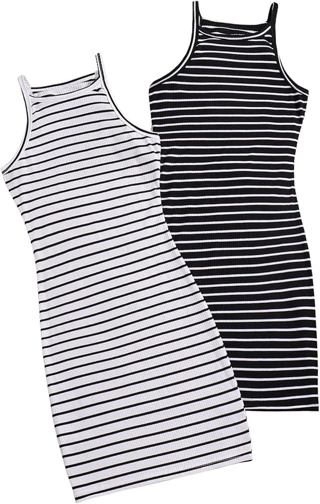 Girl's 2 Pack Summer Dress Stripe Ribbed Knit Sleeveless Bodycon Halter Dress Cami Pencil Dress