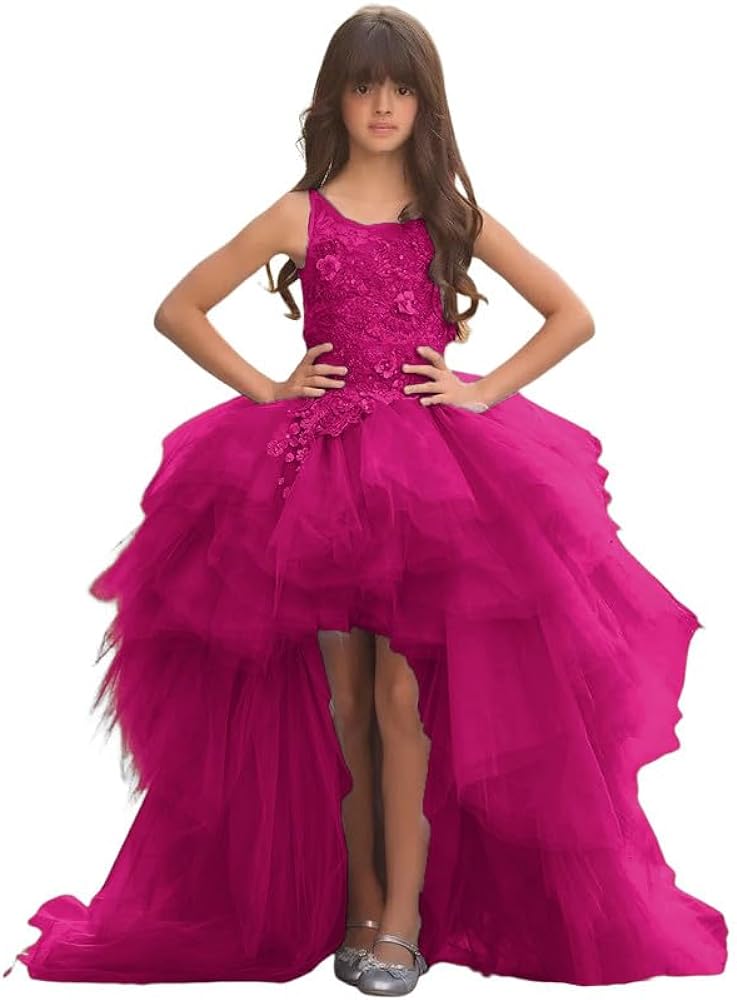 Girls High Low Pageant Dresses Tulle Flower Girl Dress Appliques Kids Party Communion Ball Gowns