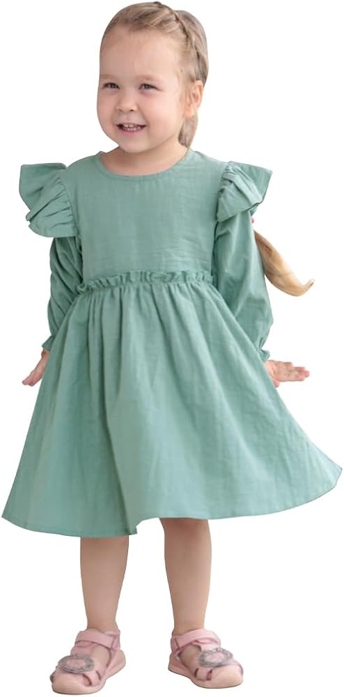 AGQT Toddler Girl Cotton Linen Dress Ruffle Fall Kids Casual Dresses Size 1-6T