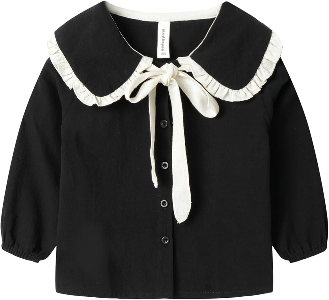 Mud Kingdom Girls Blouse Shirts Spring Fall Long Sleeve Blue Button-Down Ruffle Collar Breton Stripe