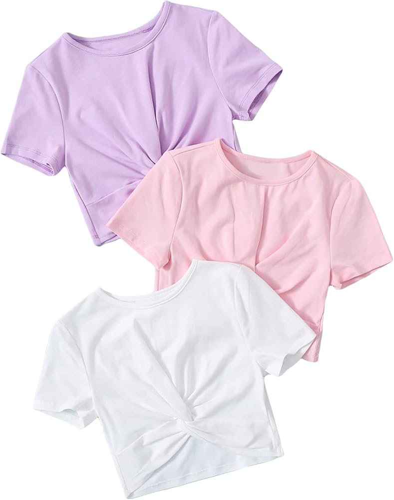 SHENHE Girl's 3 Piece Twist Front Short Sleeve Crewneck Cropped T Shirt Crop Tops