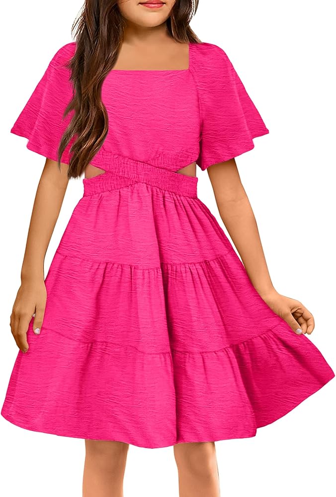 Arshiner Girls Dresses Square Neck Cut Out Shirred Party Cute Tween Dress