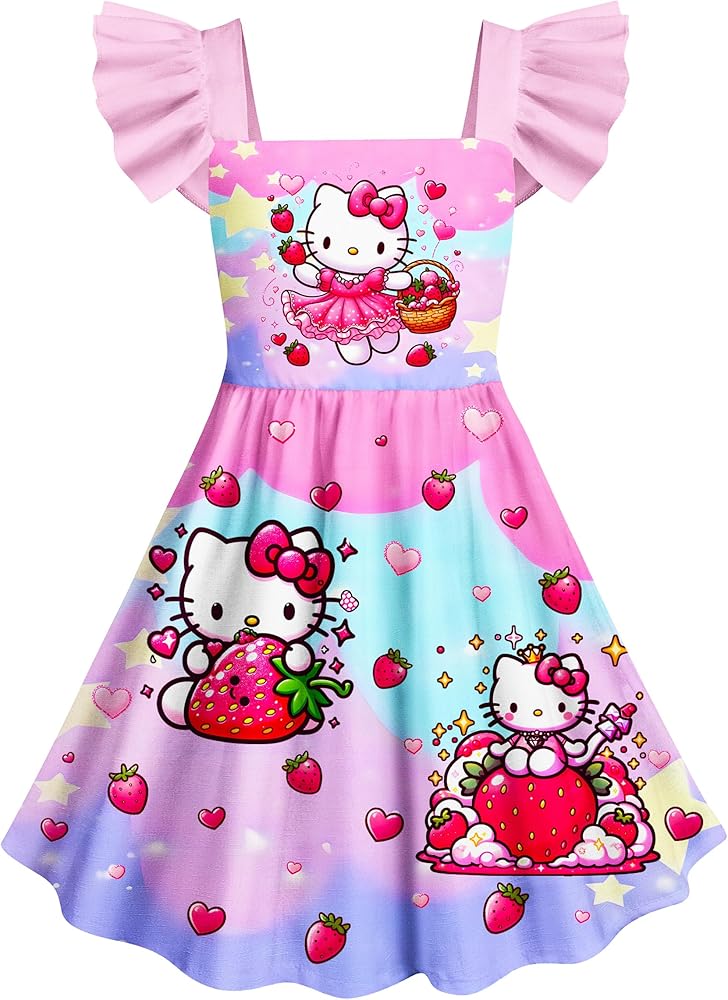 Little Girls Graphic Dress Kids Square Neck Casual Dresses Fashion Party Outfit